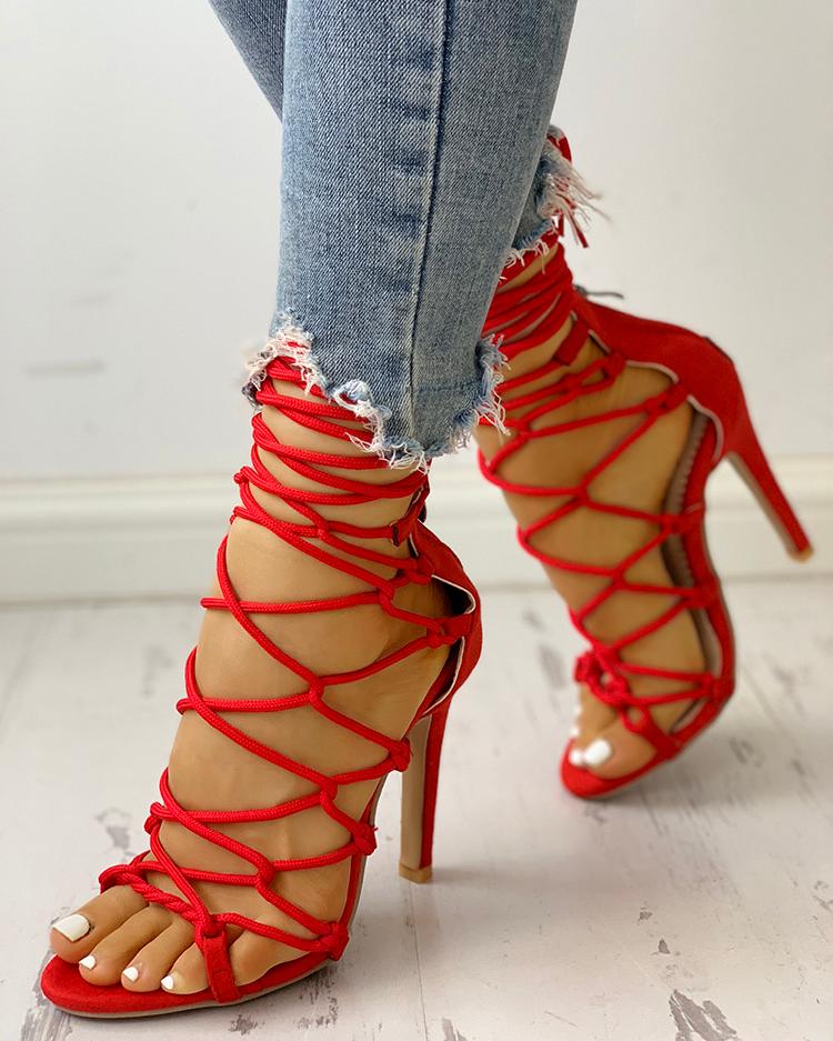

Hollow Out Lace Up Thin Heels Sandals, Red