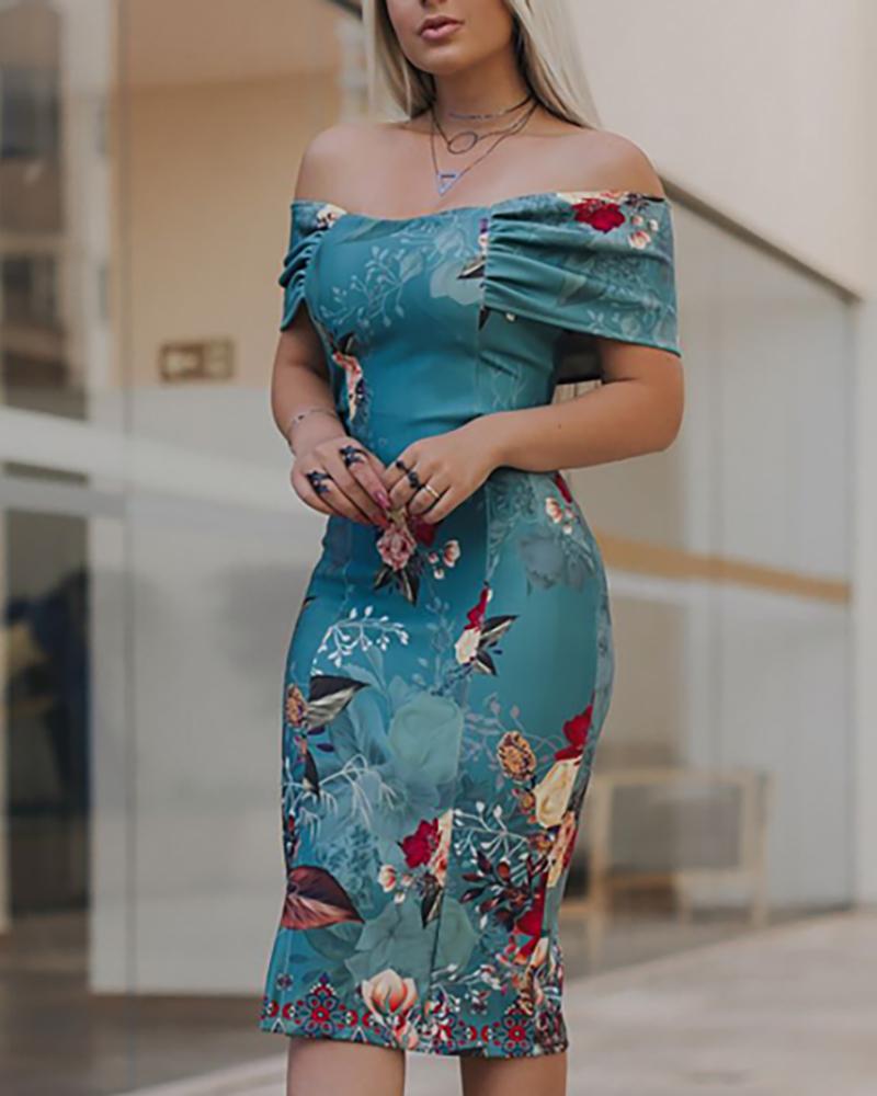 

Print Off Shoulder Bodycon Dress, Blue