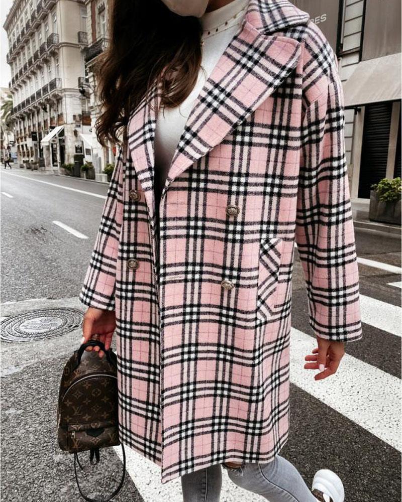 

Plaid Print Double Breasted Pea Coat, Pink