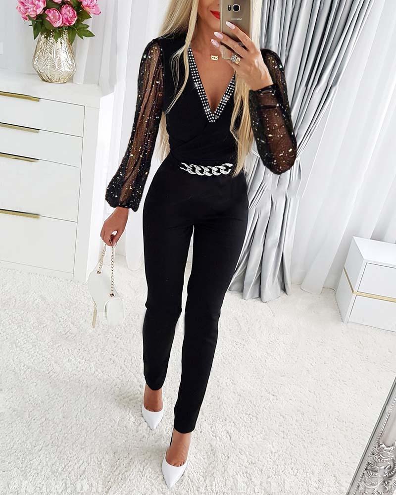 

Chain Decor Contrast Mesh Long Sleeve Jumpsuit, Black