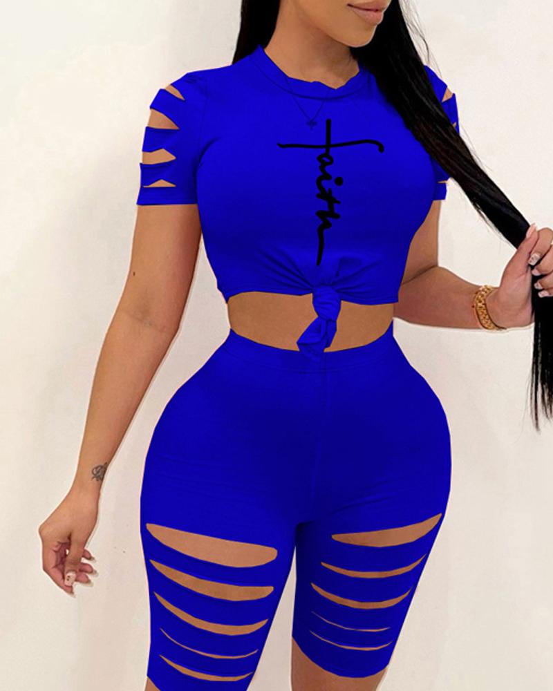 

Ladder Cutout Letter Print Top & Shorts Set, Blue