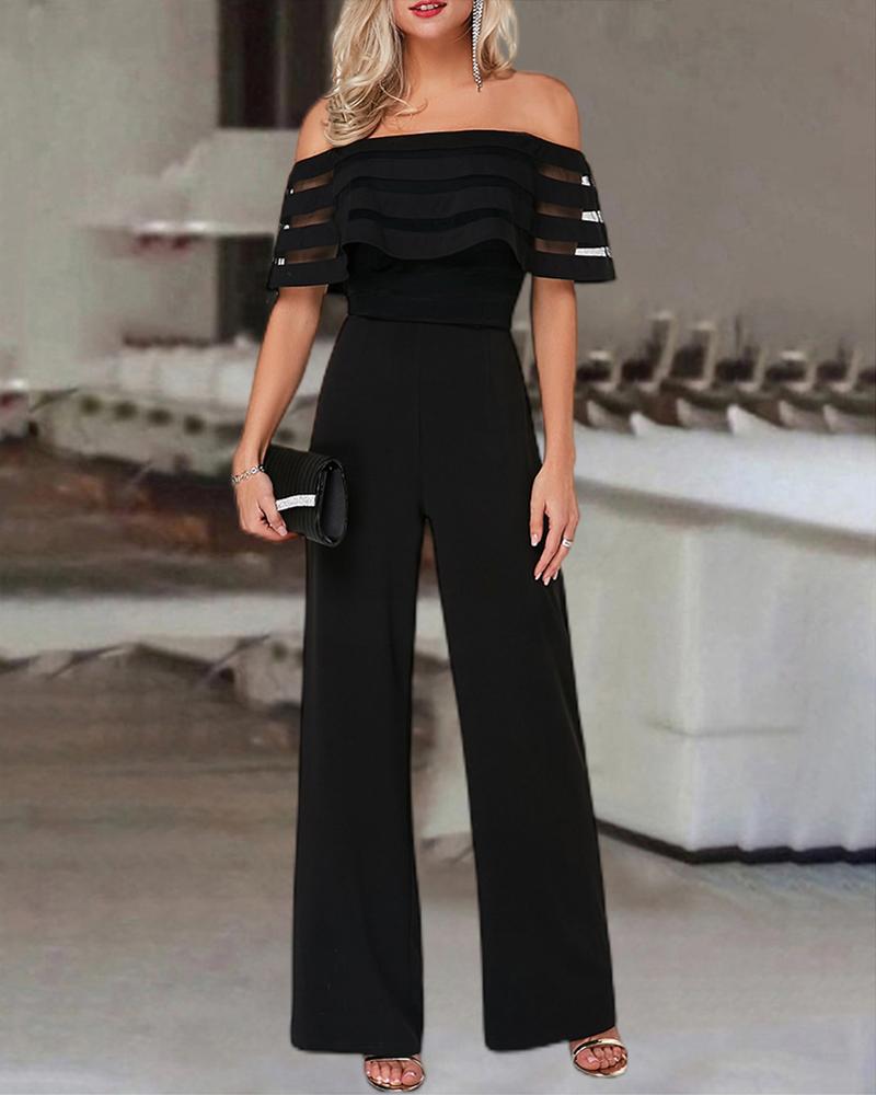 

Sheer Mesh Patch Off Shoulder Jumpsuit, Black