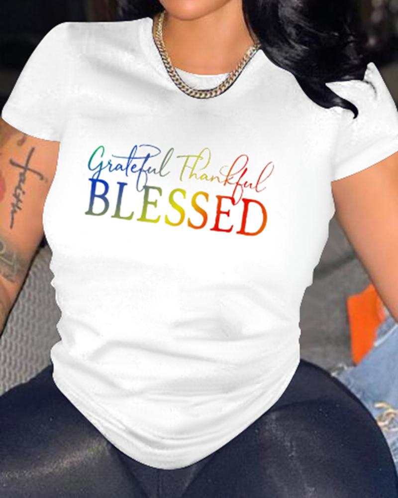 

Grateful Thankful Blessed Ombre Letter Print Casual T-shirt, White