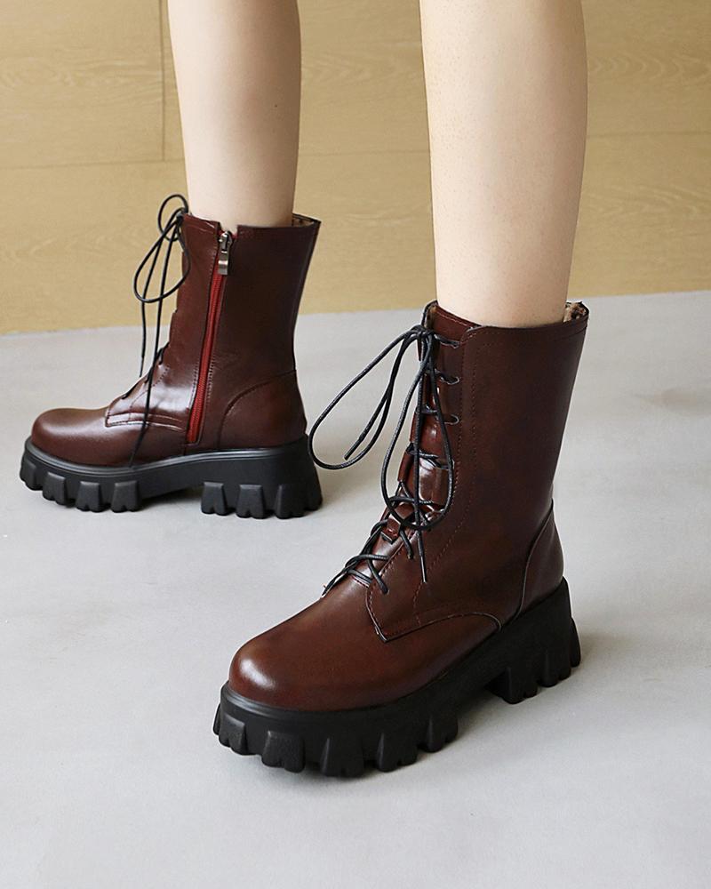 

Round-toe Lace-up Solid Color PU Leather Martin Boots, Brown