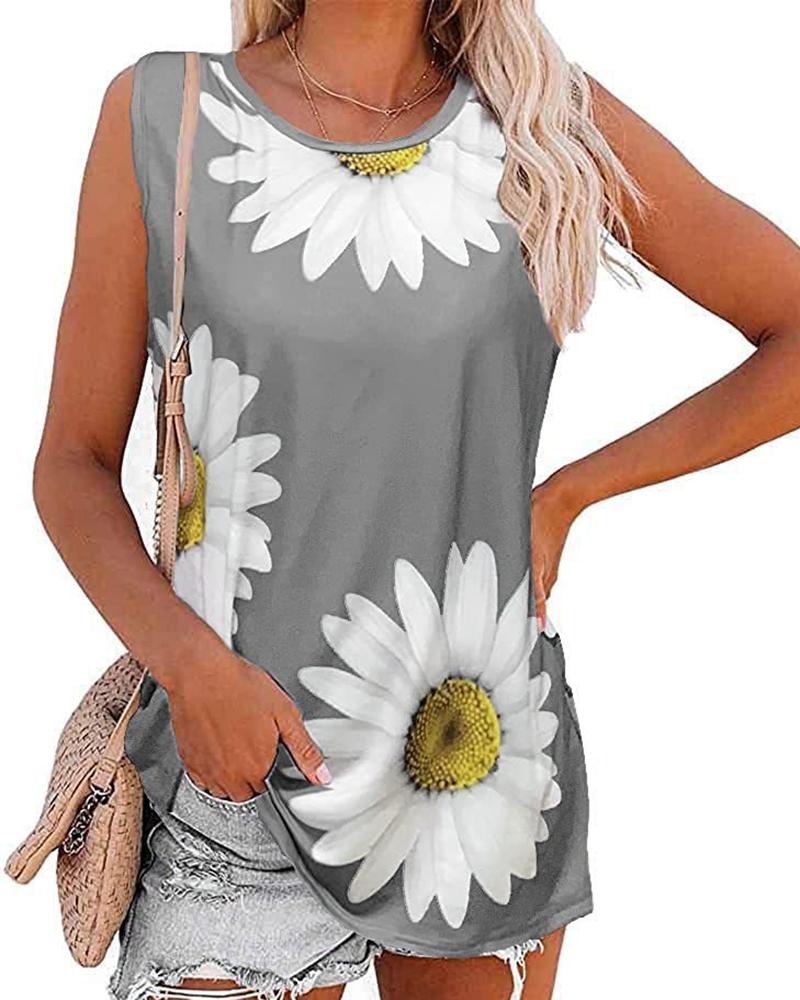 

Daisy Print Casual Tank Top, Gray