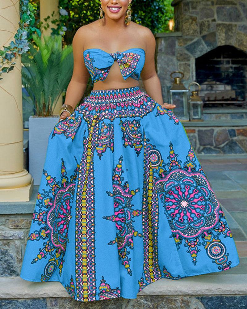 

Plus Size Tribal Print Crop Tube Top & Maxi Skirt Set, Blue