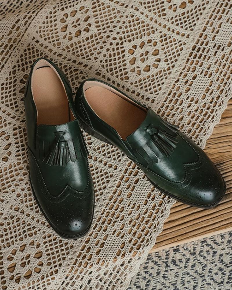

Solid Tassel Upper Round-toe Flat Loafer Shoes, Green