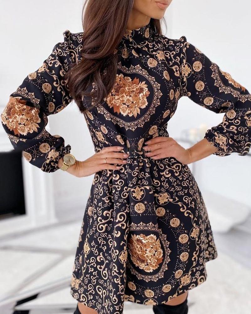 

Baroque Print Long Sleeve Dress, Black