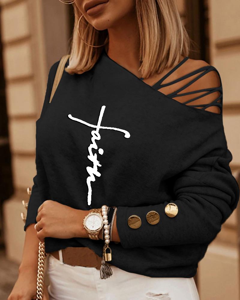 

Letter Print Cold Shoulder Top, Black