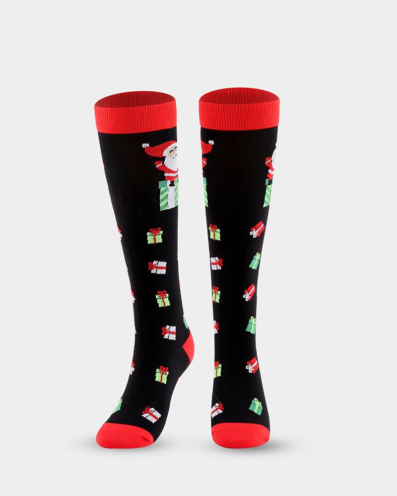 

1Pair Christmas Gift Santa Print Long Socks, Black