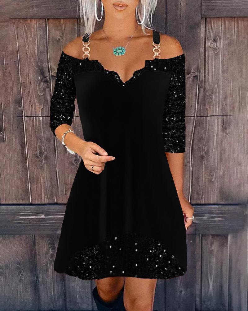 

Contrast Sequin Cold Shoulder Velvet Casual Dress, Black