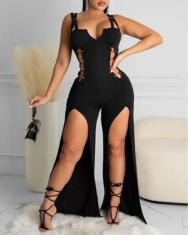 

Sleeveless Cutout Pine Decor High Slit Jumpsuit, Black