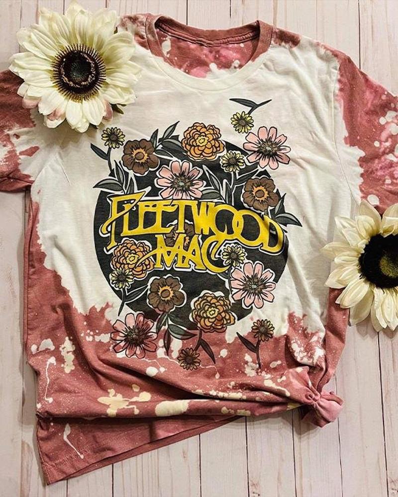 

Letter Floral Print Casual T-shirt, Coffee