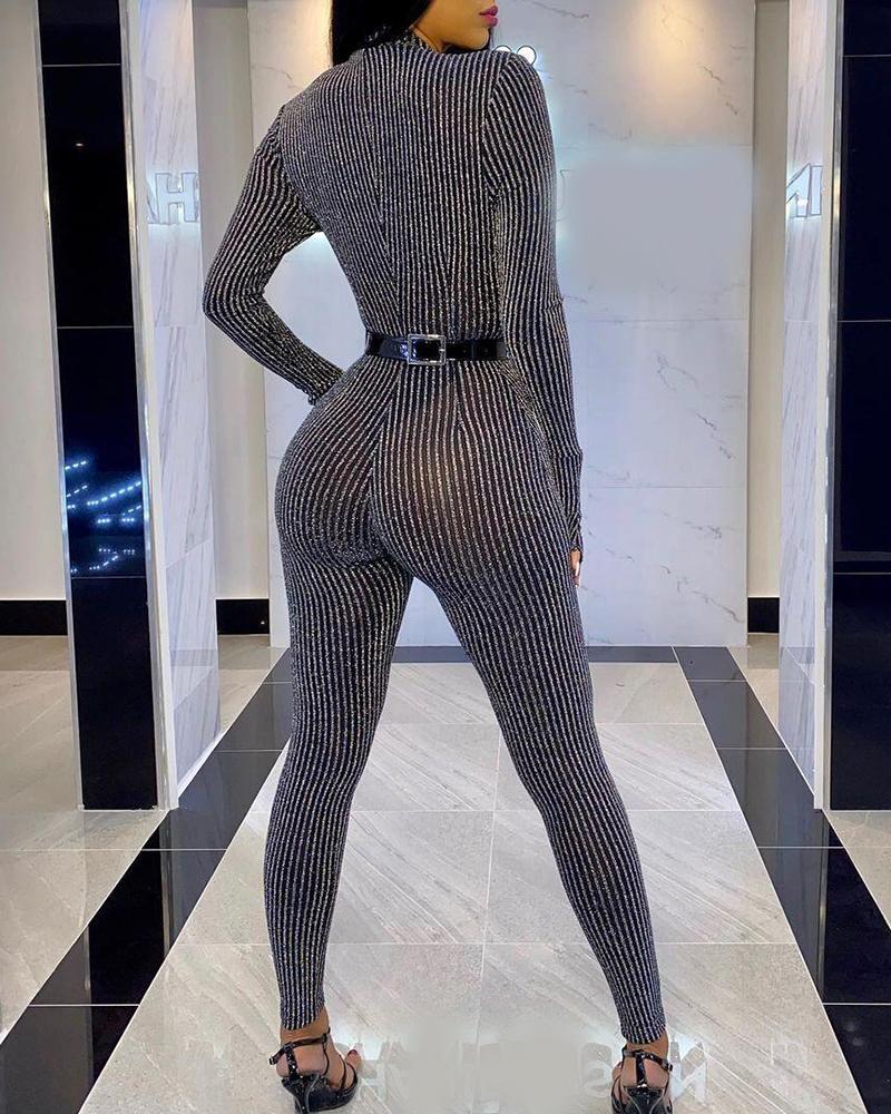 

Zip Front Glitter Sheer Mesh Long Sleeve Jumpsuit, Gray