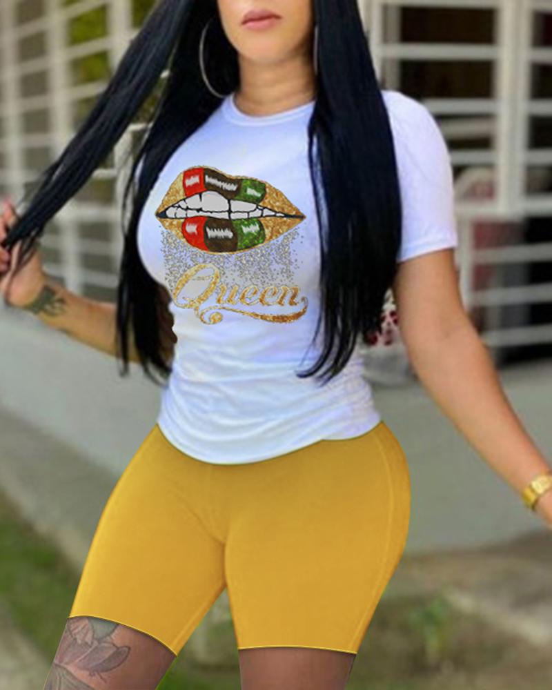 

Lip Print Short Sleeve Top & Shorts Set, Yellow