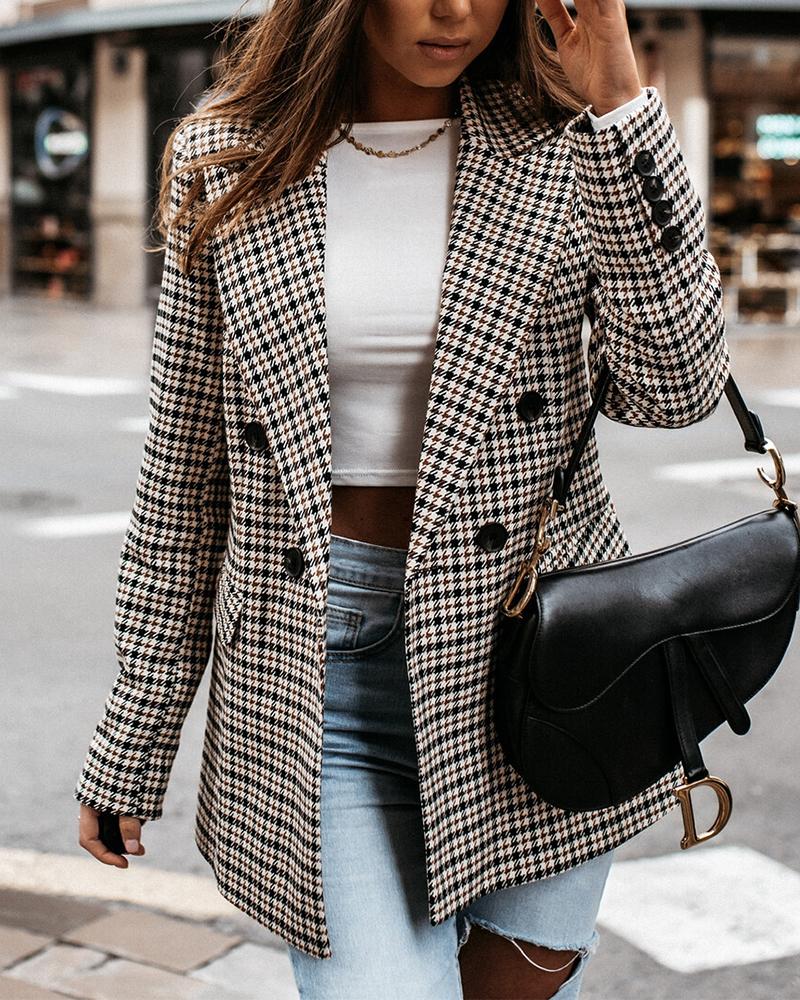 

Lapel Collar Double Breasted Flap Detail Plaid Blazer, Apricot