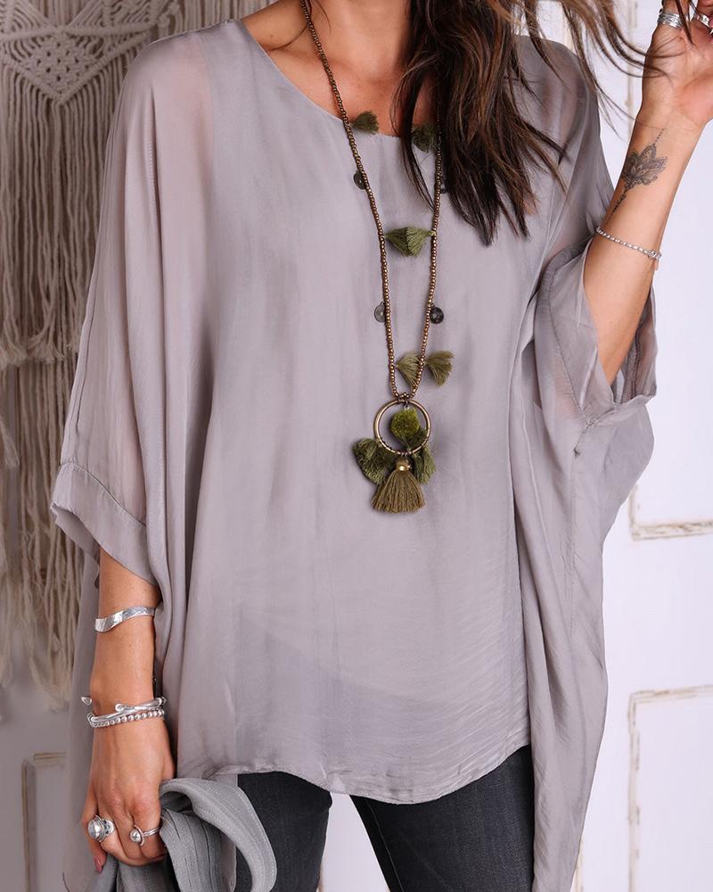 

Batwing Sleeve Round Neck Chiffon Top, Light gray