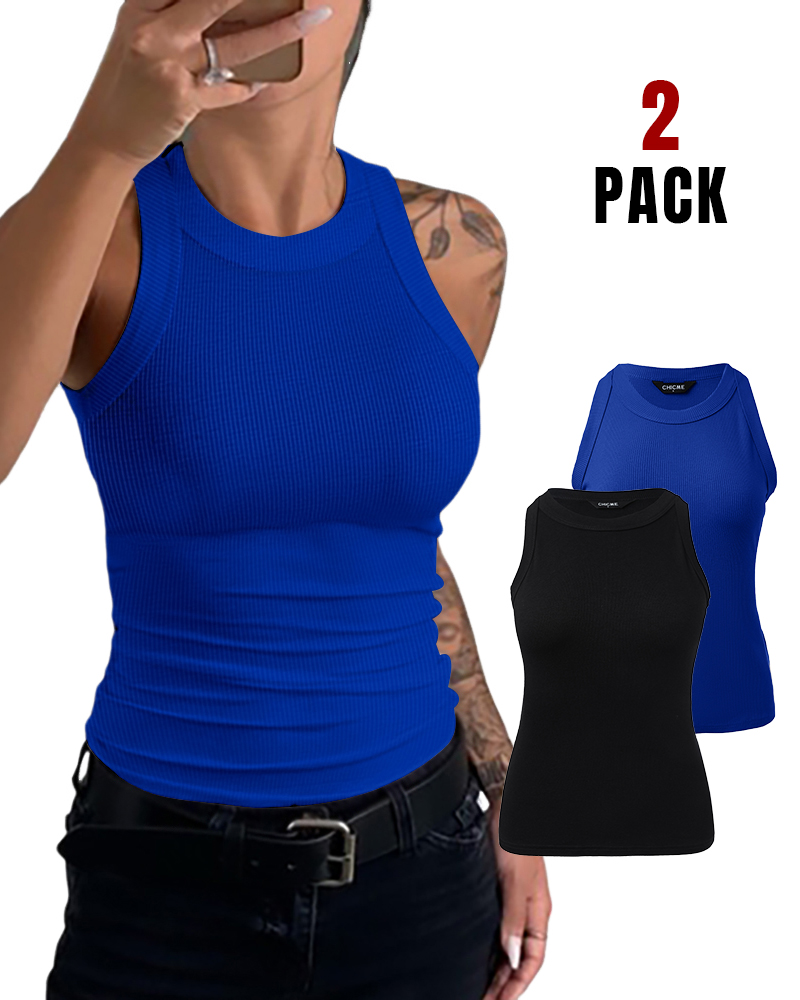 

2-Pack Round Neck Thick Strap Racerback Ribbed Tank Slim Fit Tops without Bra Pads, Style3