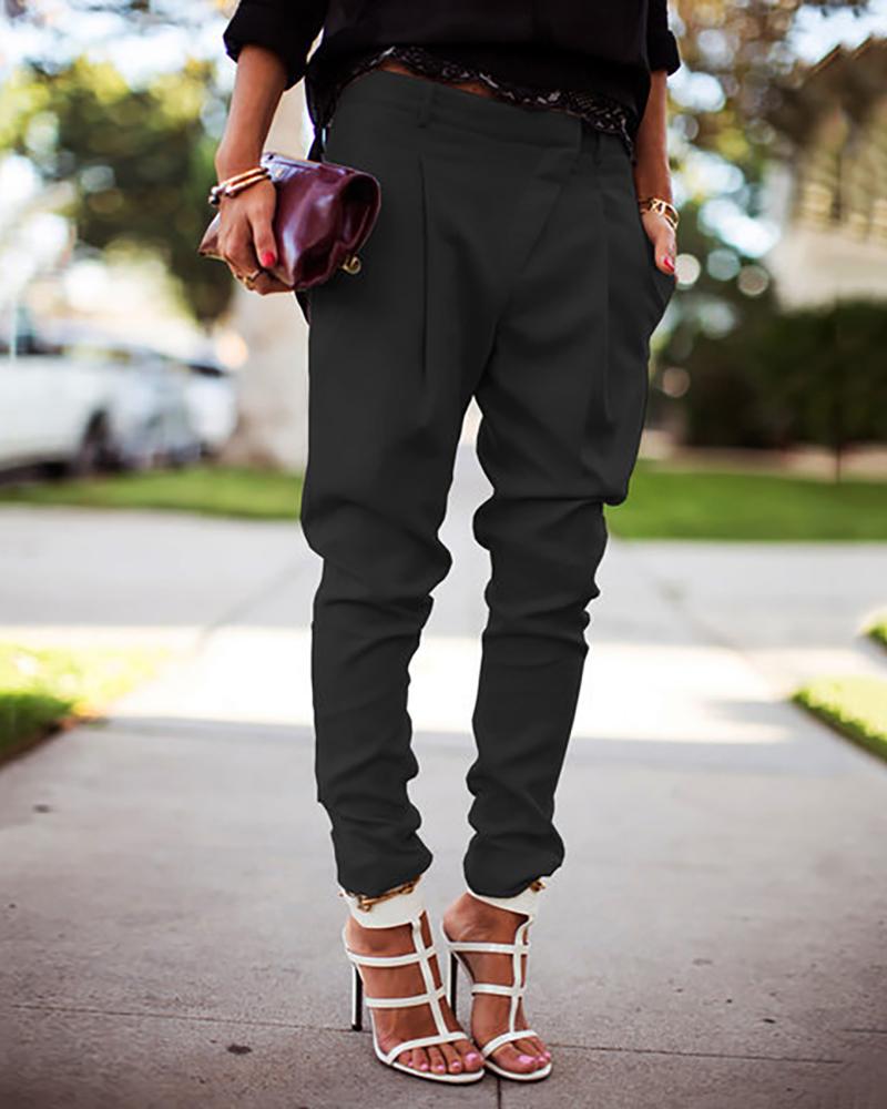 

Solid Pocket Design Casual Pants, Black
