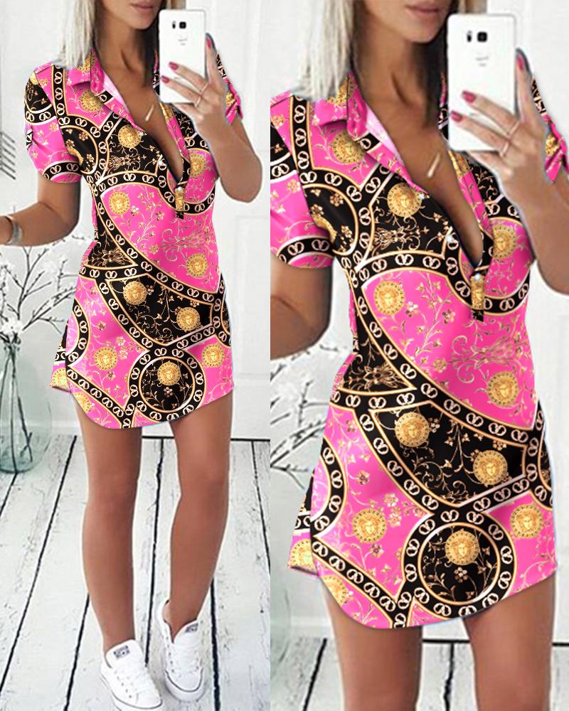 

Baroque Scarf Print Button Front Shirt Dress, Hot pink