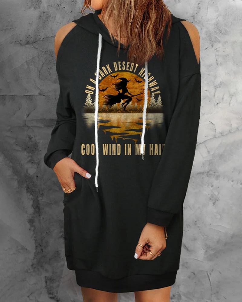 

Halloween Graphic Print Cold Shoulder Sweatshirt Dress, Black