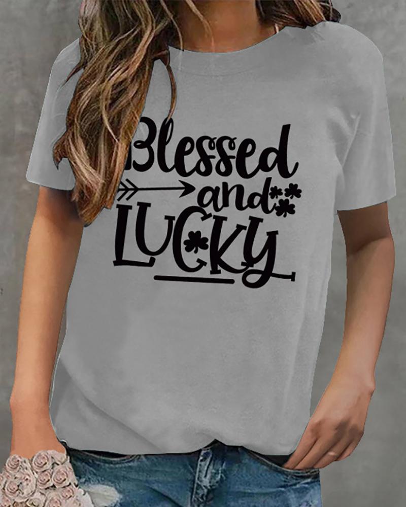 

St.Patrick' Day O-Neck Four Leaf Clover Letter Print Top, Gray