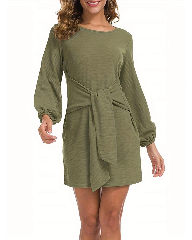 

Tied Detail Long Sleeve Casual Dress, Green