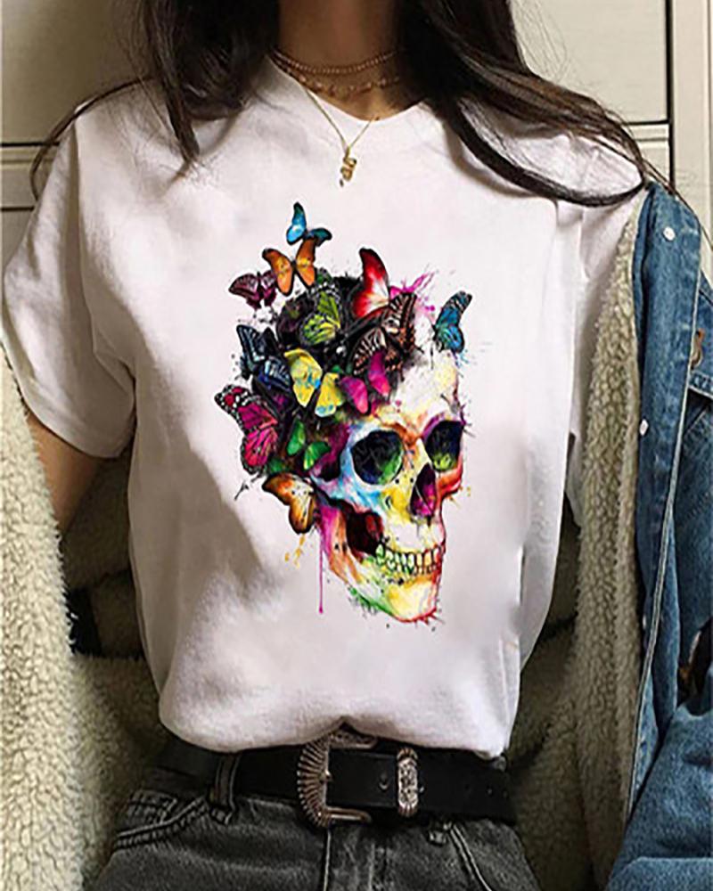 

Halloween Butterfly Floral Skull Print Short Sleeve T-shirt, Style2