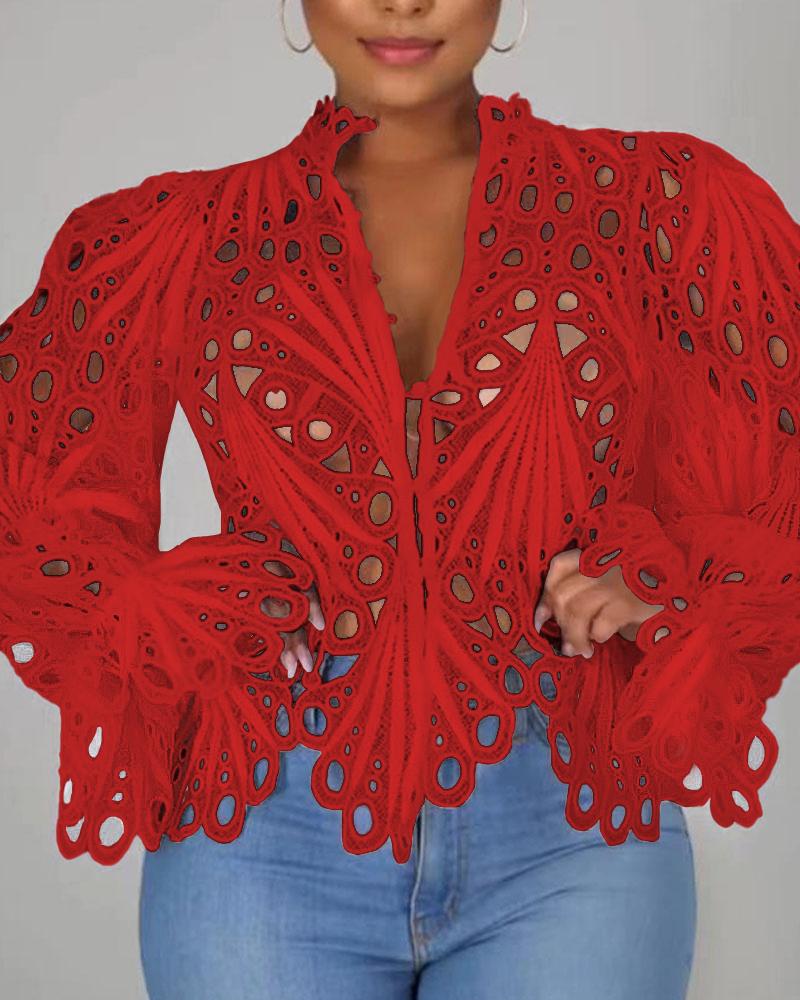 

Eyelet Embroidery Button Front Bell Sleeve Top, Red