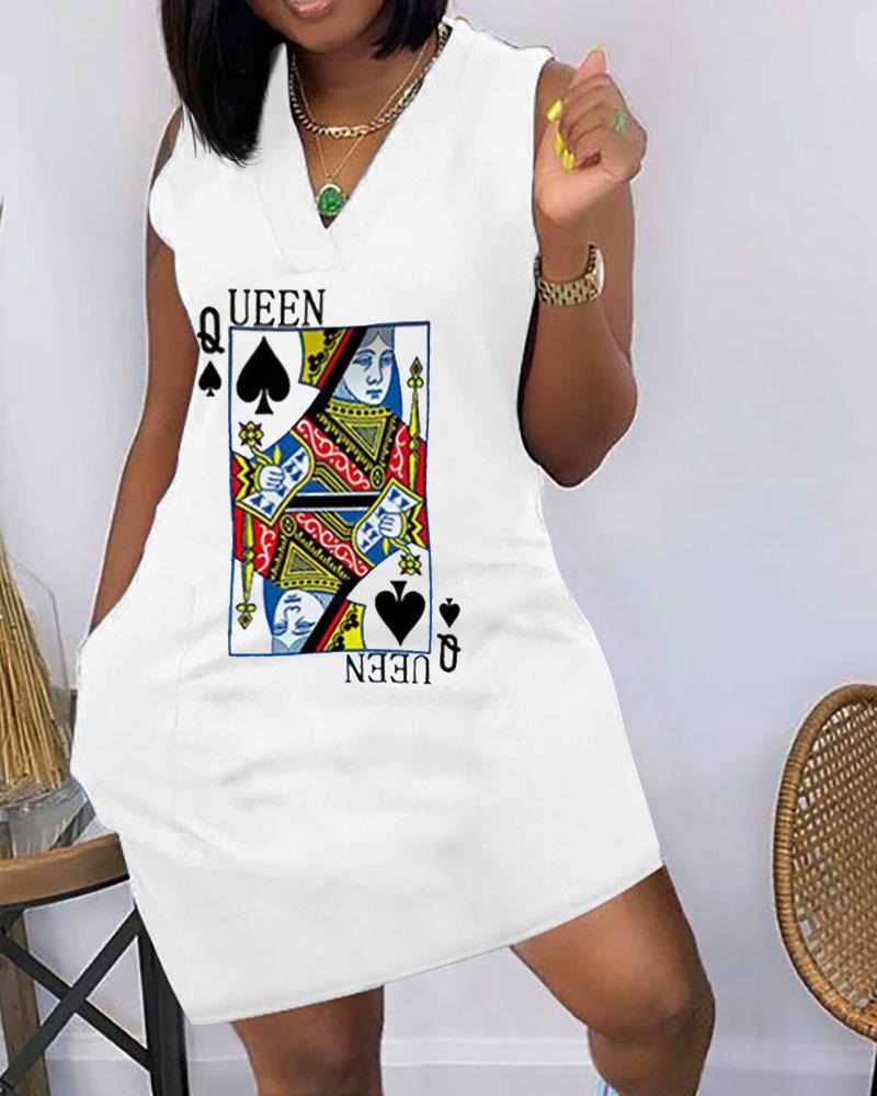 

Floral Print Pocket Design Sleeveless Casual Dress, White