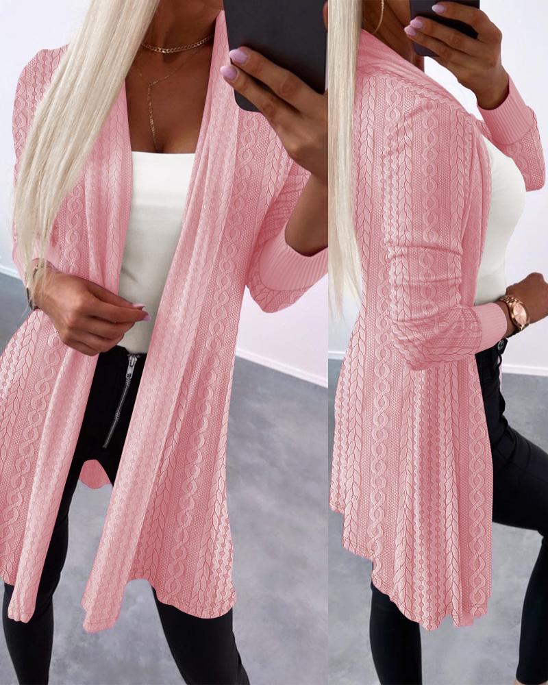 

Open Front Long Sleeve Cable Textured Coat, Pink