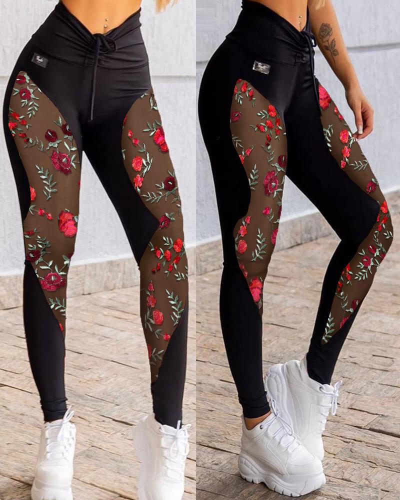 

Floral Embroidery Sheer Mesh Sweatspants, Black