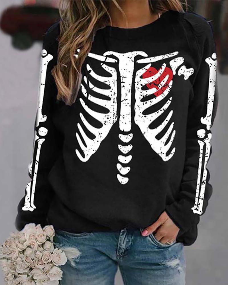 

Halloween Skeleton Print O-Neck Top, Black