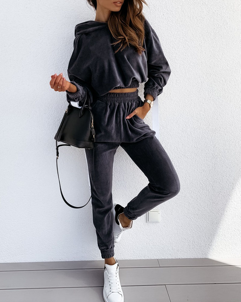 

Striped Print Velvet Hooded Top & Pants Set, Dark grey