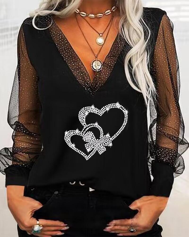 

Valentine' Day Rhinestone Heart Pattern Contrast Mesh Top, Black