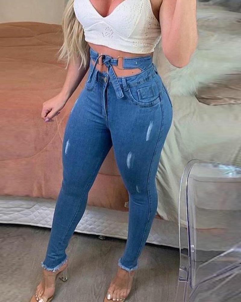 

Solid Color Hollow-out Ripped Skinny Jeans, Blue
