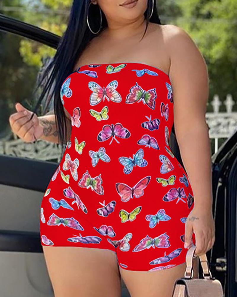 

Butterfly Print Bandeau Sleeveless Romper, Red