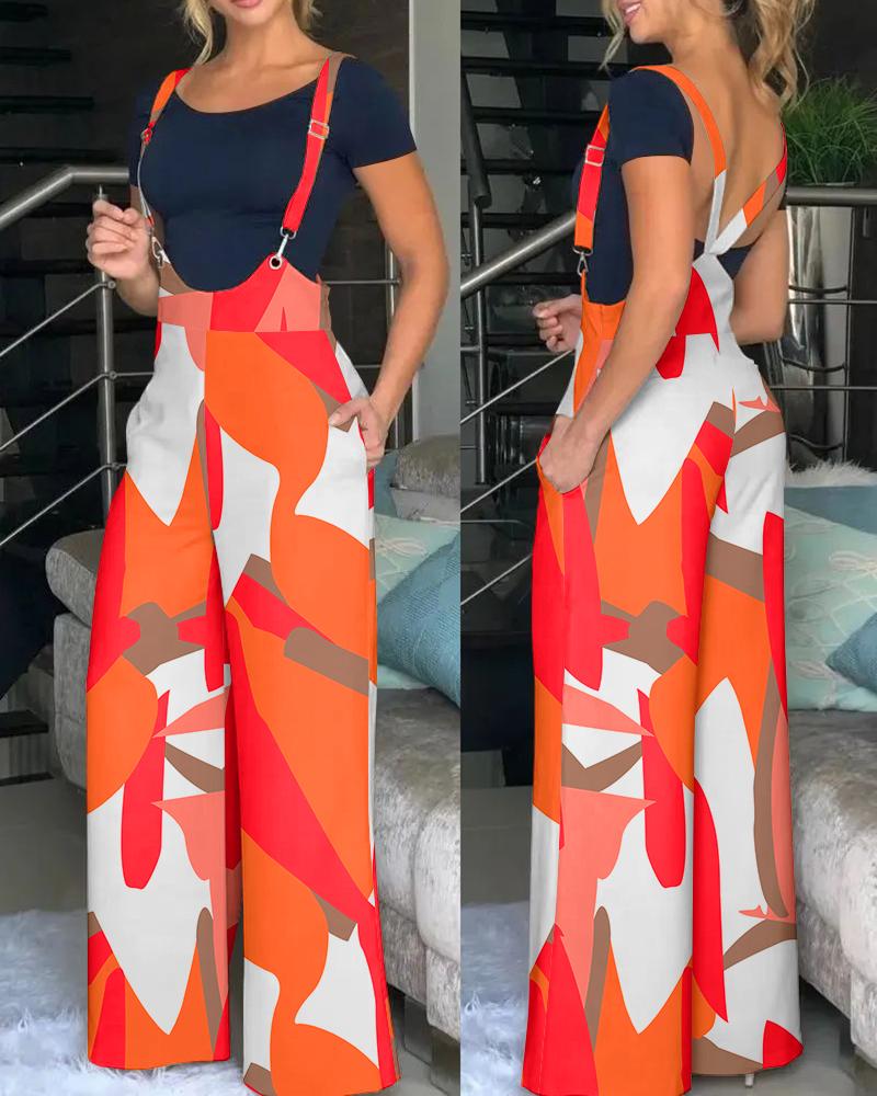 

Geometric Print Wide Leg Suspender Jumpsuit, Multicolor