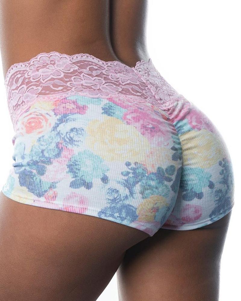 

High Waist Floral Print Crochet Lace Ruched Panty, Multicolor