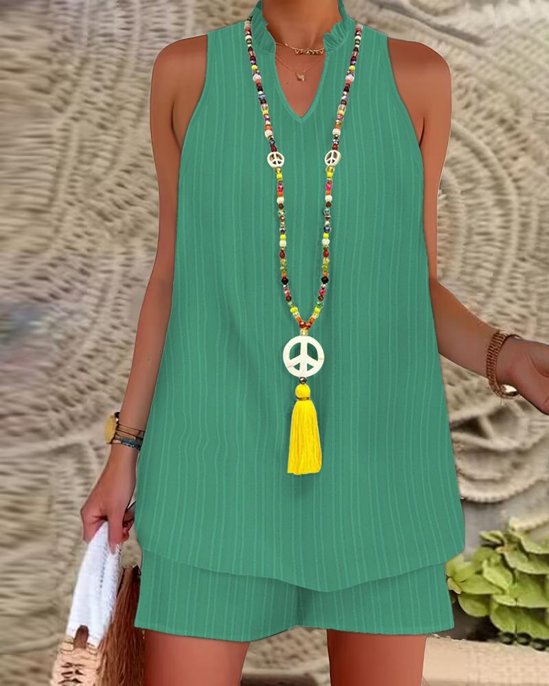 

Frill Hem Textured Top & Shorts Set, Green