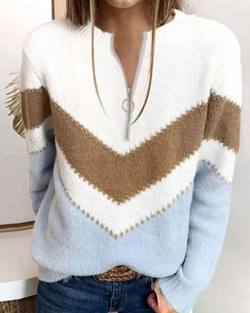 

Chevron Pattern Zipper Front Sweater, Blue