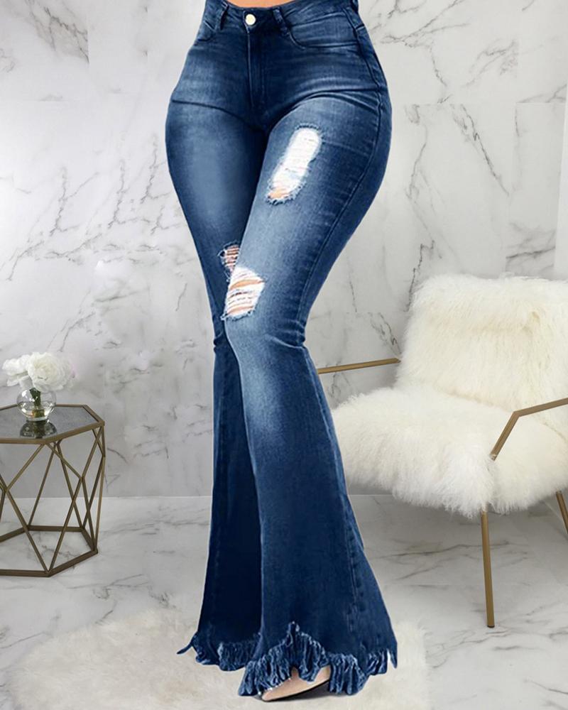 

Buttoned Fringe Hem Ripped Cutout Bootcut Jeans, Dark blue