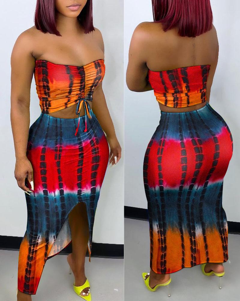 

Tie Dye Print Drawstring Crop Tube Top & Skirt Set, Multicolor