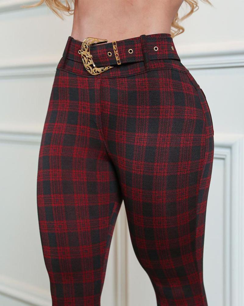 

Plaid Print Skinny Pants With Belt, Red
