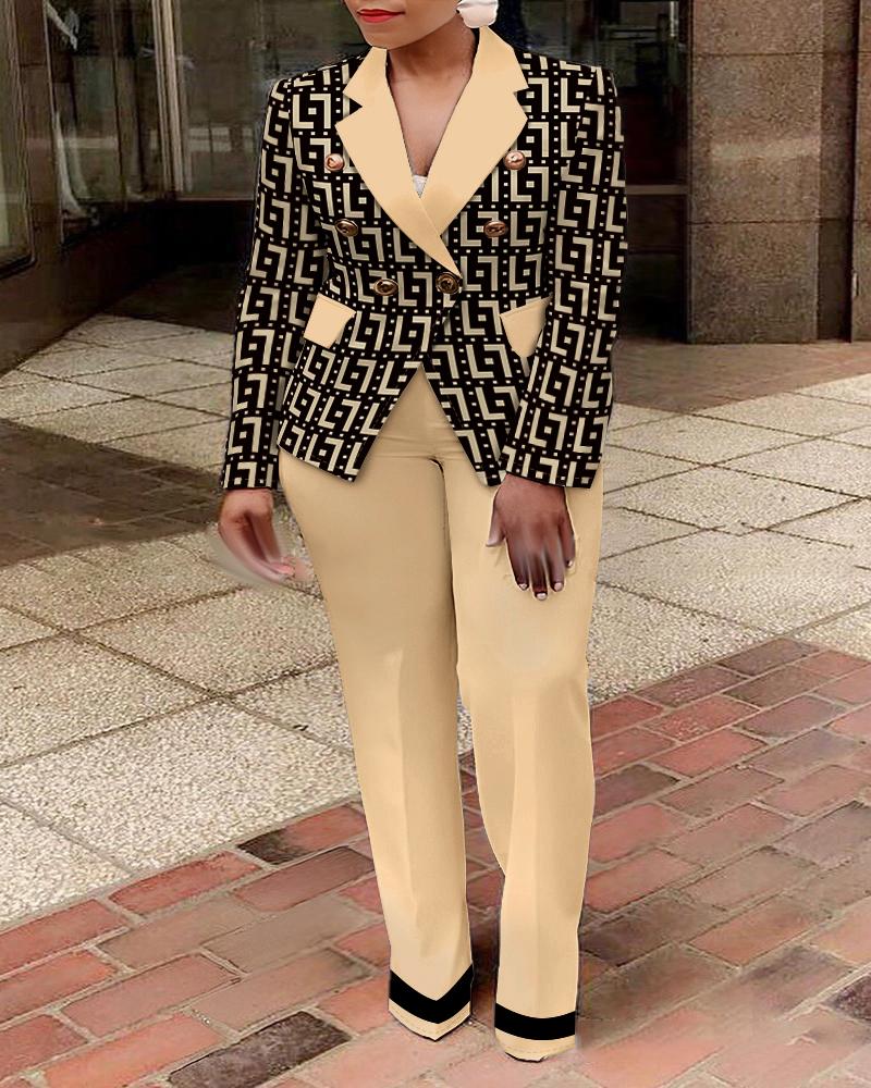 

Plus Size Geometric Print Double Breasted Blazer Coat & Pants Set, Apricot