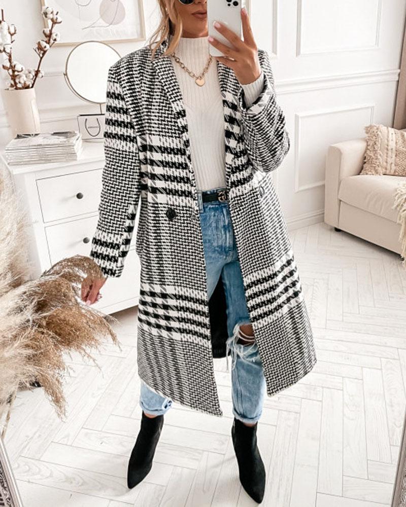 

Plaid Print Long Sleeve Double Breasted Longline Pea Coat, Black