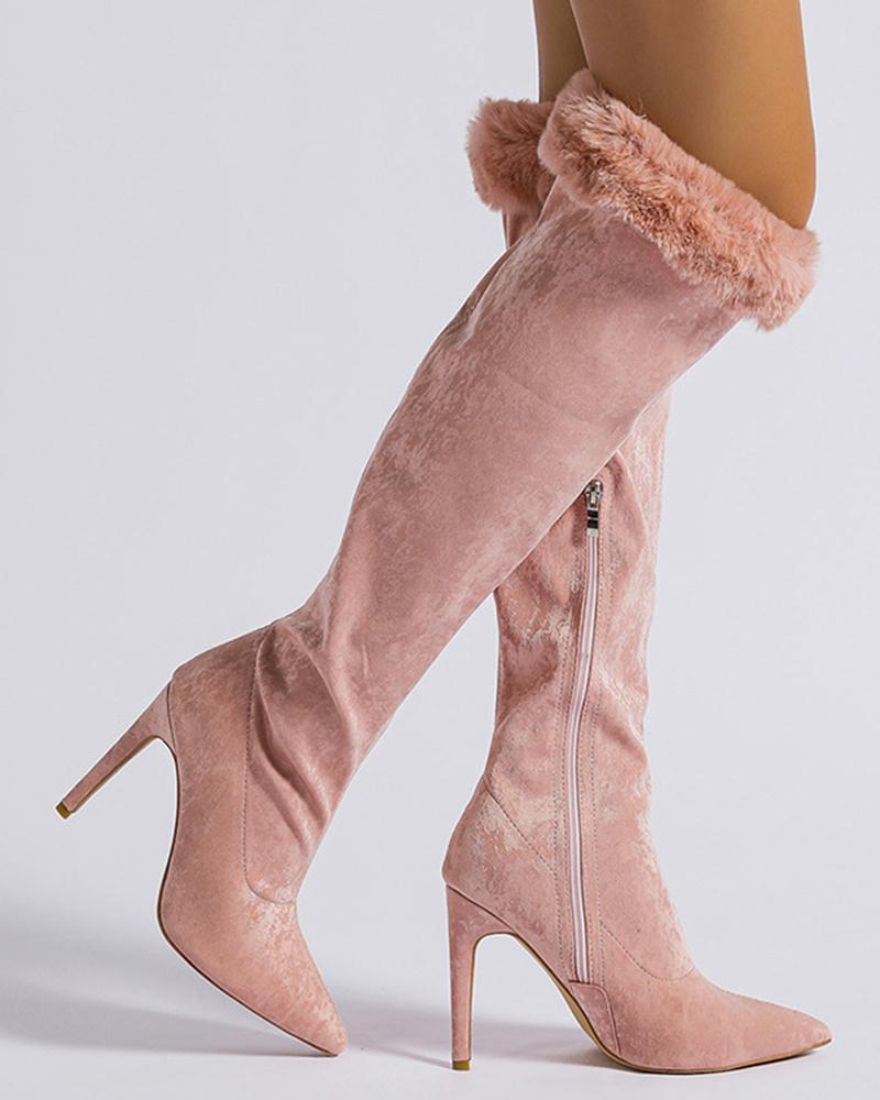 

Side Zipper Fuzzy Trim Knee-high Boots, Pink