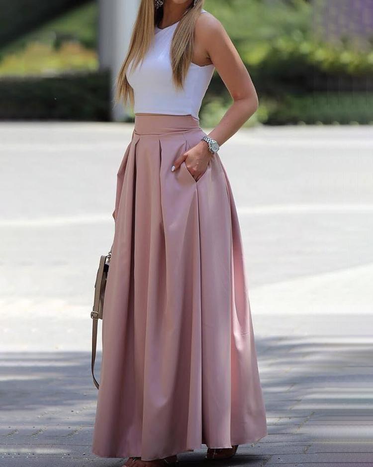 

Sleeveless Crop Top & Pleated Skirt Set, Pink