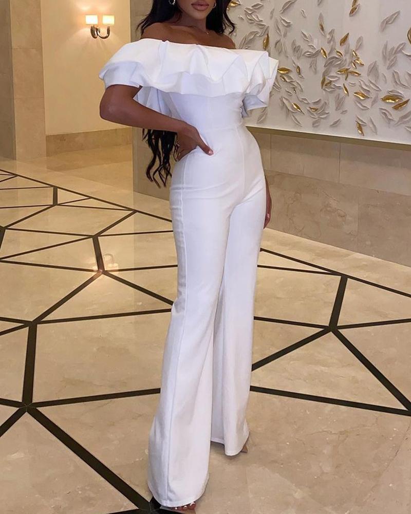 

Off Shoulder Layered Ruffles Bootcut Jumpsuit, White