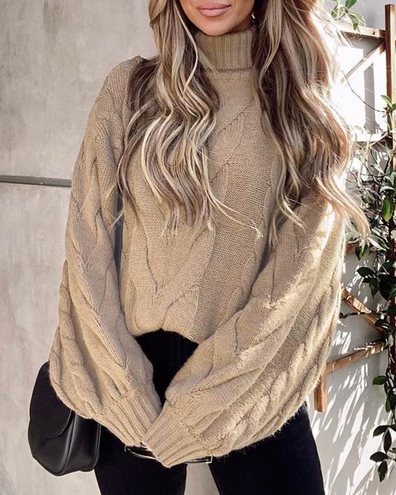 

Lantern Sleeve High Neck Cable Knit Sweater, Khaki